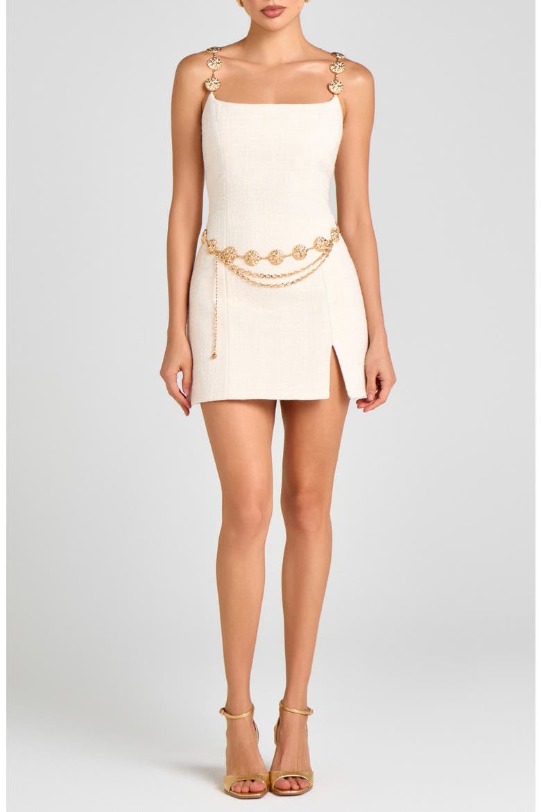 Chain Belt Tweed Cocktail Minidress, Main, color, WHITE