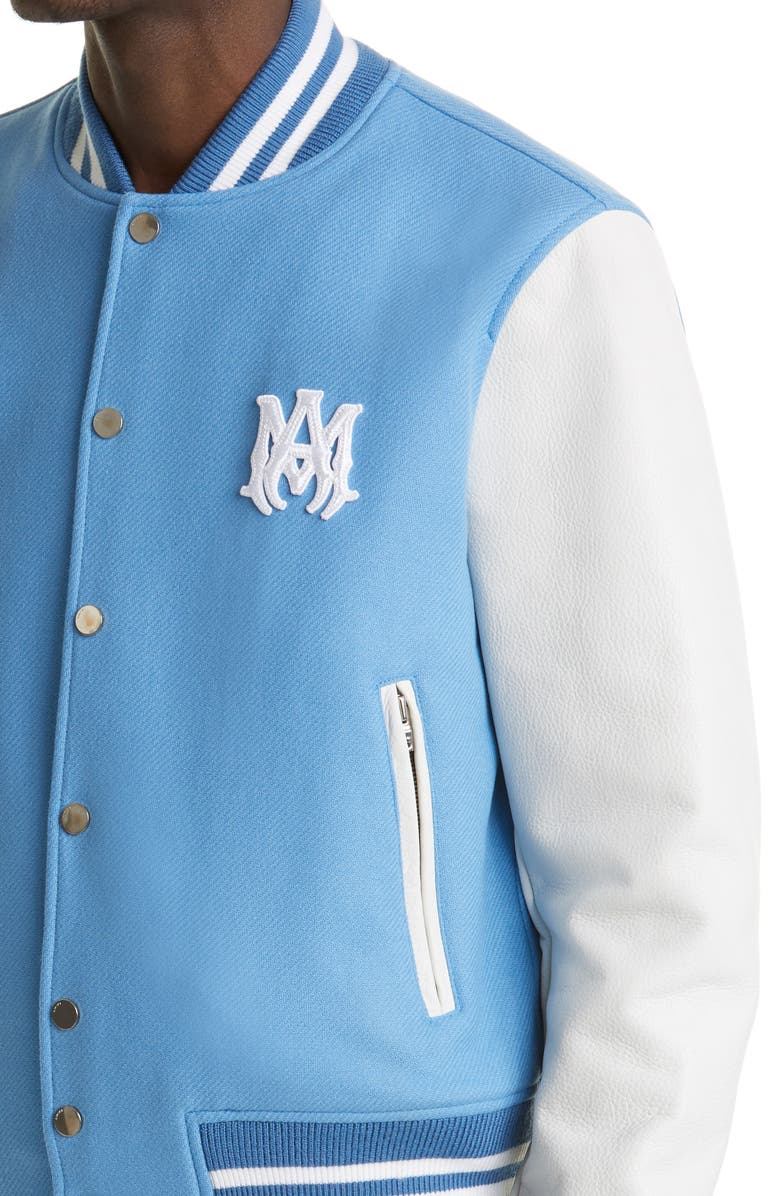 AMIRI Logo Patch Leather Sleeve Wool Blend Letterman Jacket, Alternate, color,