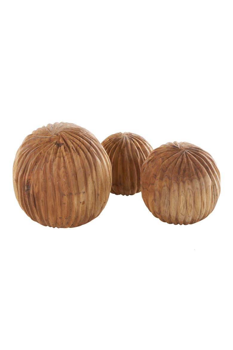 3-Piece Brown Teak Wood Decorative Orbs, Alternate, color, BROWN