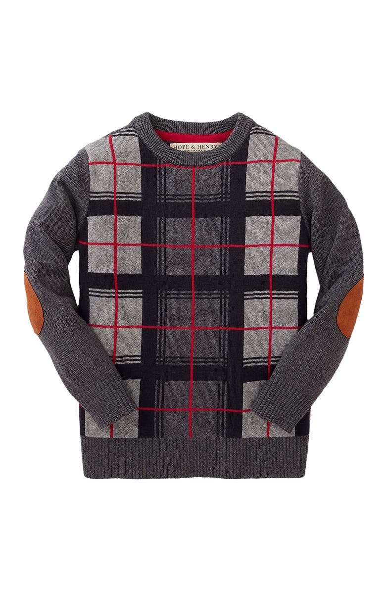 Hope & Henry Baby Boys' Herringbone Cable Sweater with Elbow Patches, Infant, Main, color, Grey Plaid