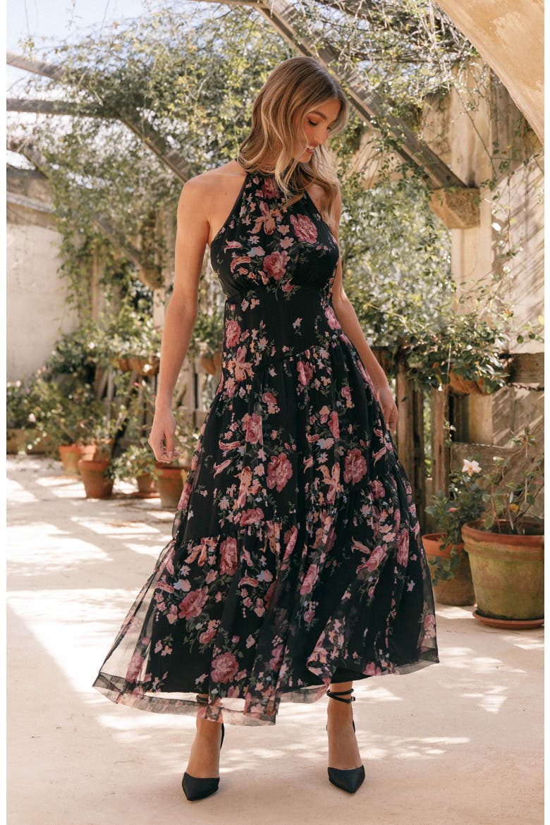 black floral halter maxi dress Black Floral Maxi Dress - Satin Floral Dress - Halter Neck Dress