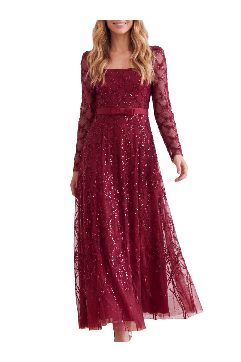 Bow Lattice Long Sleeve Sequin Gown, Main, color, Garnet