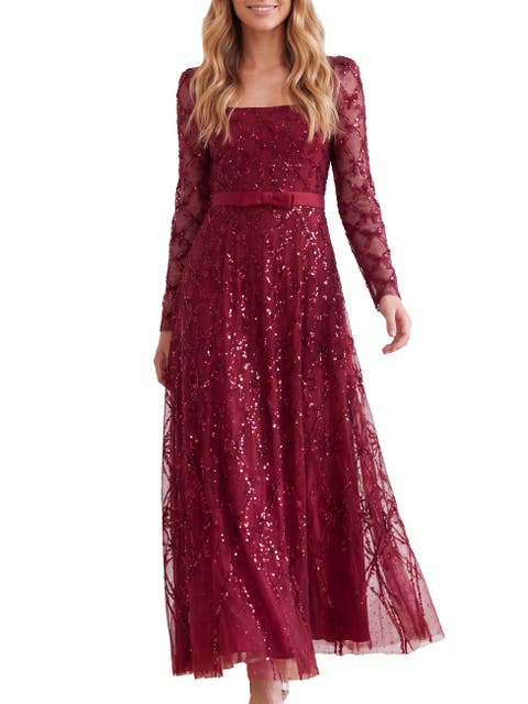 Bow Lattice Long Sleeve Sequin Gown