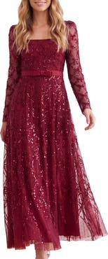 Needle & Thread Bow Lattice Long Sleeve Sequin Gown