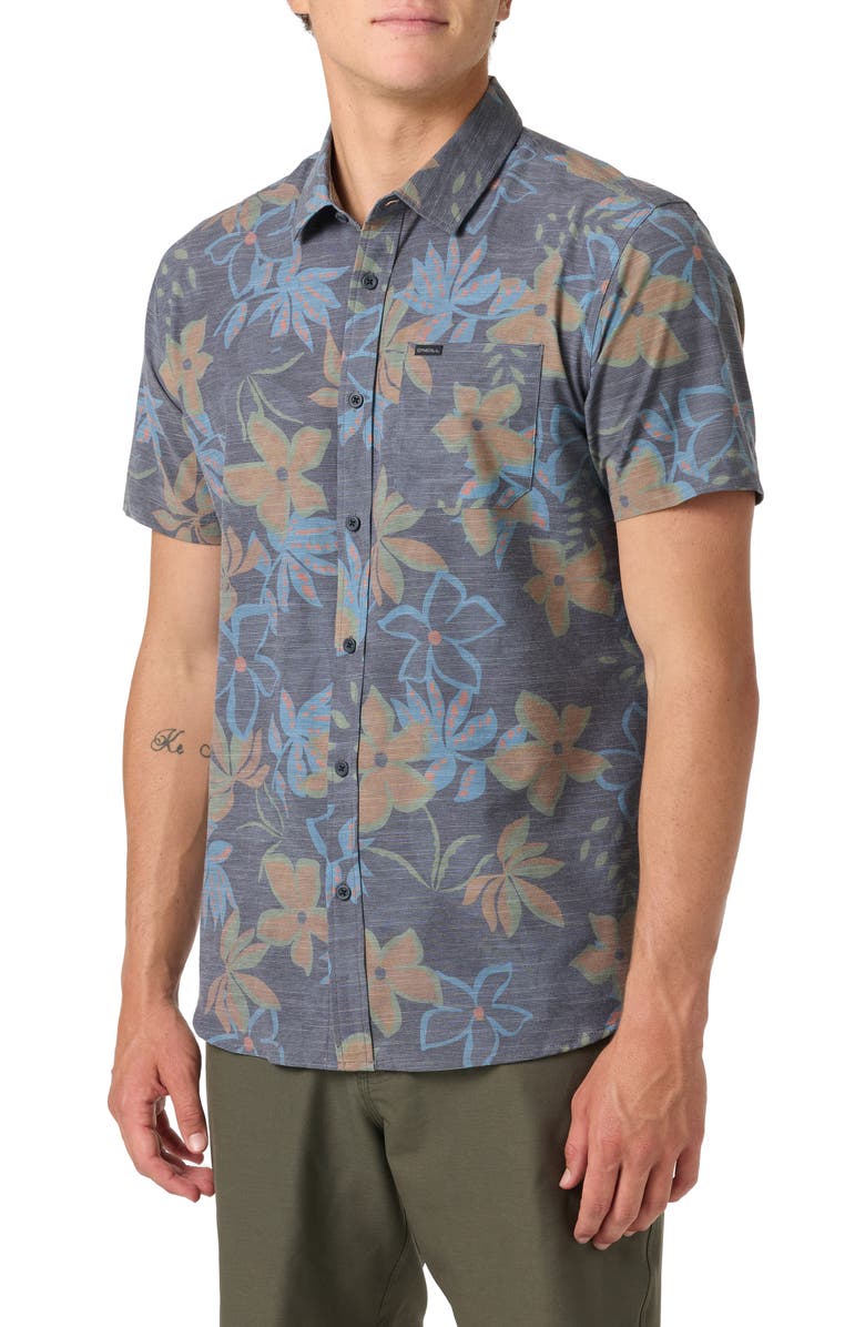 O'Neill TRVLR UPF Traverse Slub Short Sleeve Performance Button-Up Shirt, Alternate, color, Black