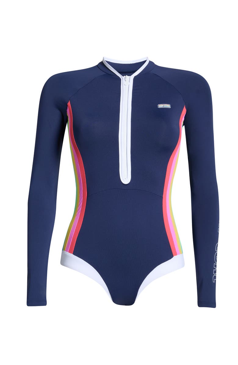 Rip Curl Surf Stripe Long Sleeve UPF 50+ One-Piece Rashguard Swimsuit, Main, color, Dark Navy