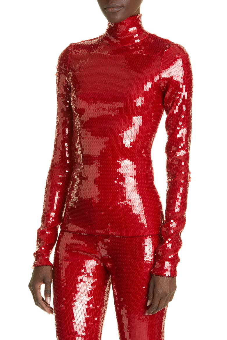 Sequin Mock Neck Long Sleeve Top, Alternate, color, CHERRY