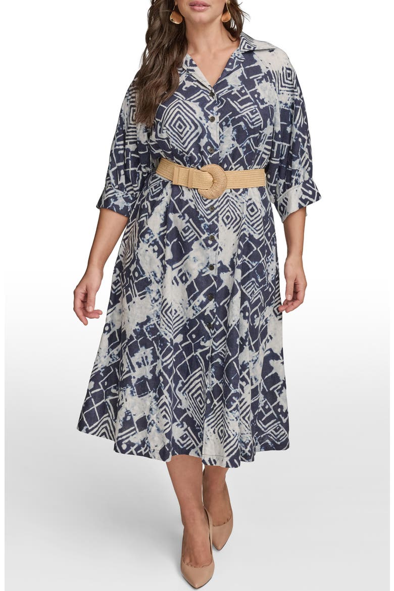 Belted Linen Blend Midi Dress, Main, color, INK MULTI