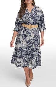 DONNA KARAN Belted Linen Blend Midi Dress