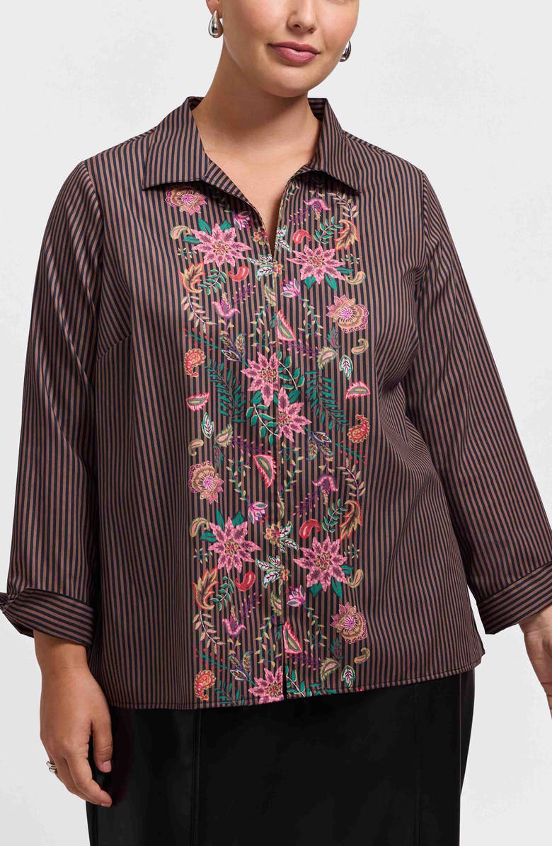 Foxcroft Agnes Floral Stripe Cotton Poplin Popover Top, Main, color, Brown Multi