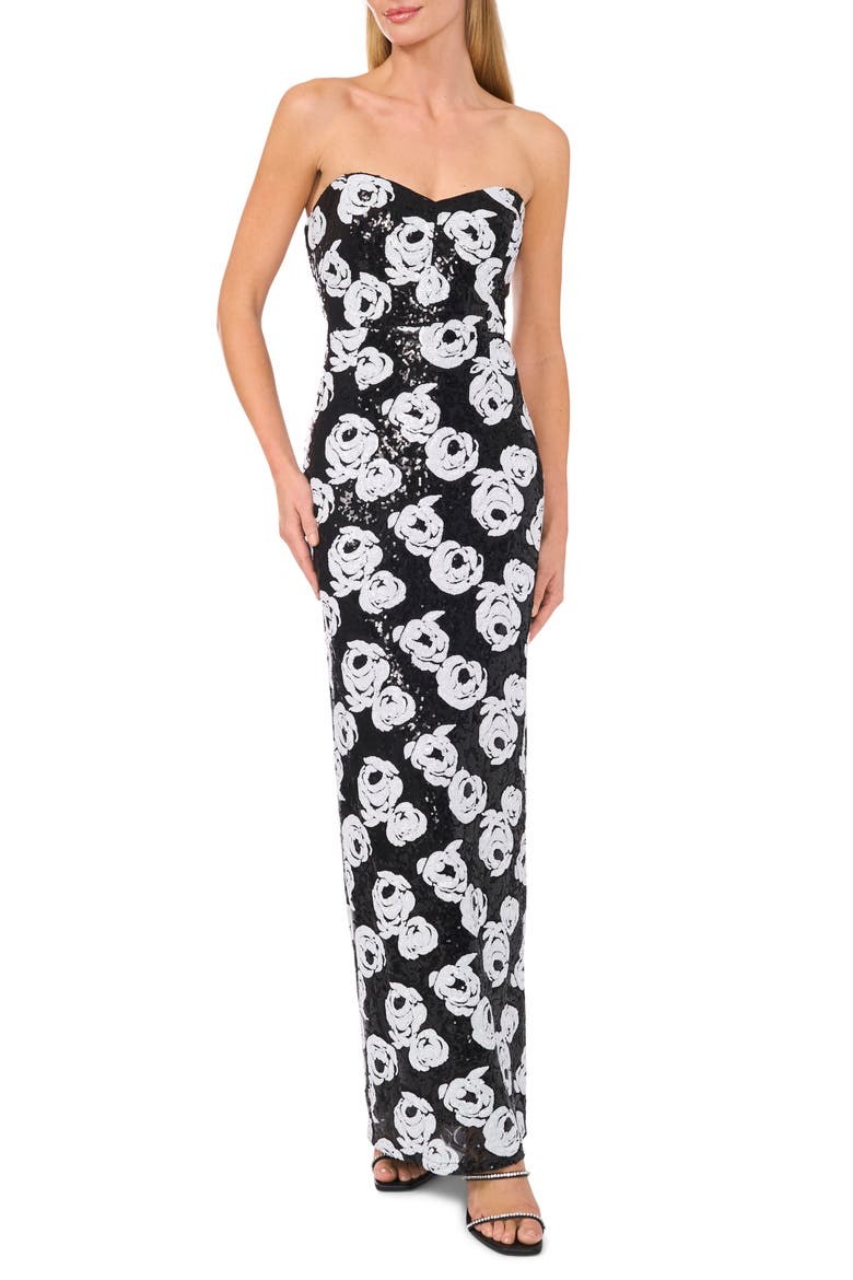 Floral Sequin Strapless Gown, Main, color, RICH BLACK