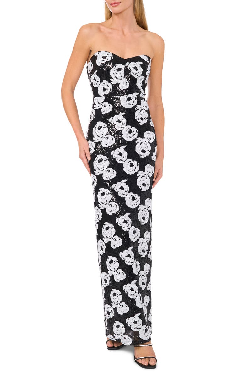 CeCe Floral Sequin Strapless Gown, Main, color, Rich Black