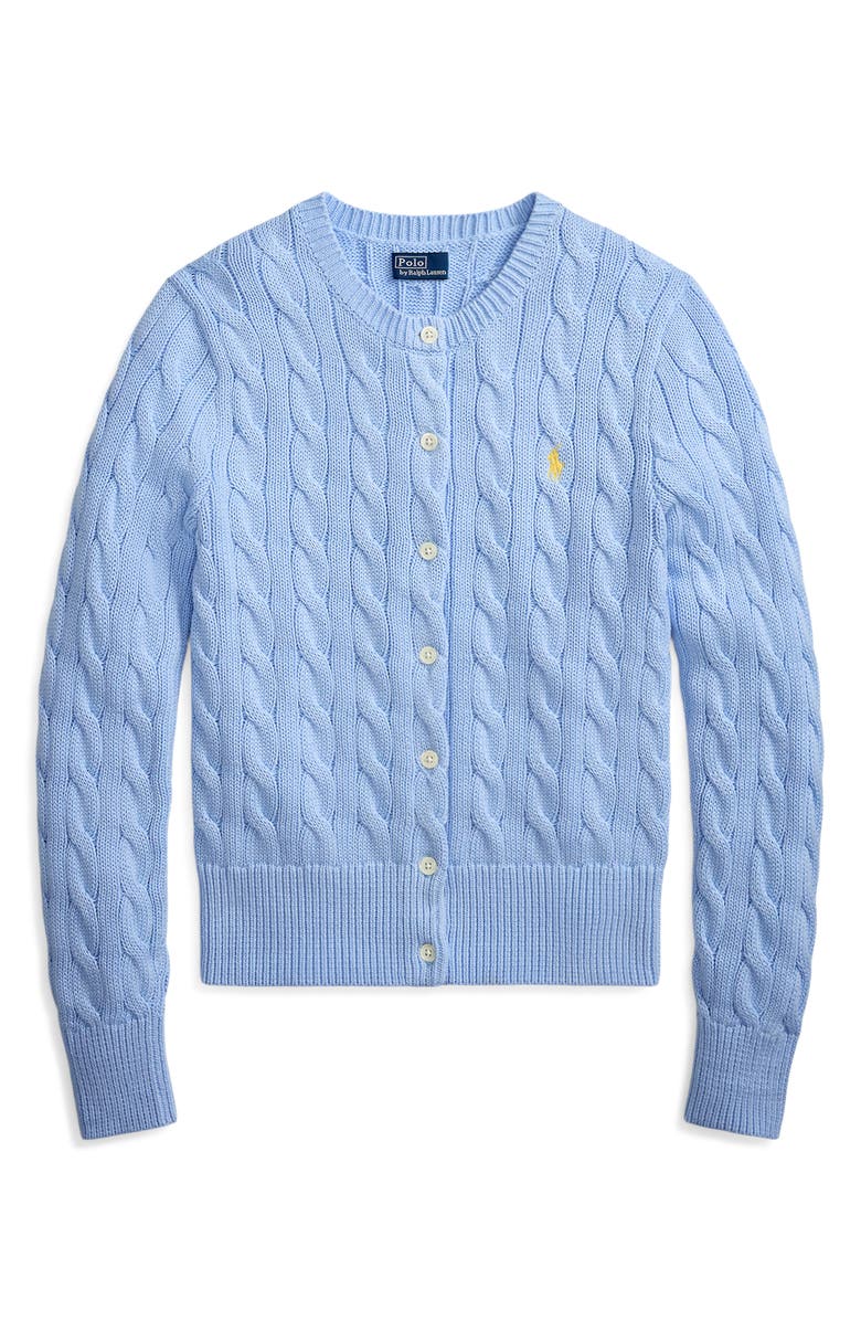 Polo Ralph Lauren Cable Knit Cotton Crewneck Cardigan, Alternate, color, Baby Blue