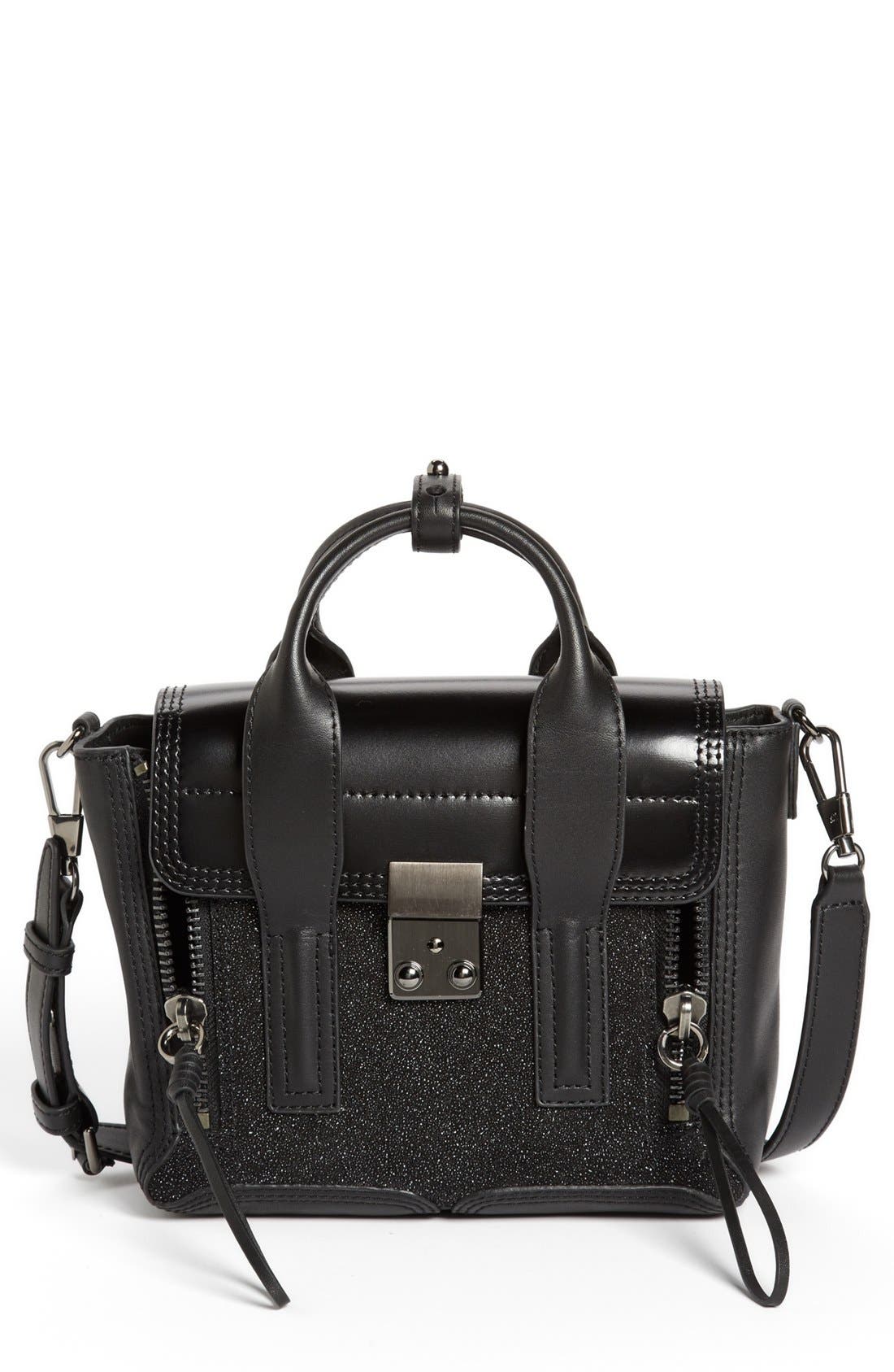 'Pashli Mini' Glitter Satchel, Main, color, BLACK/ GUNMETAL