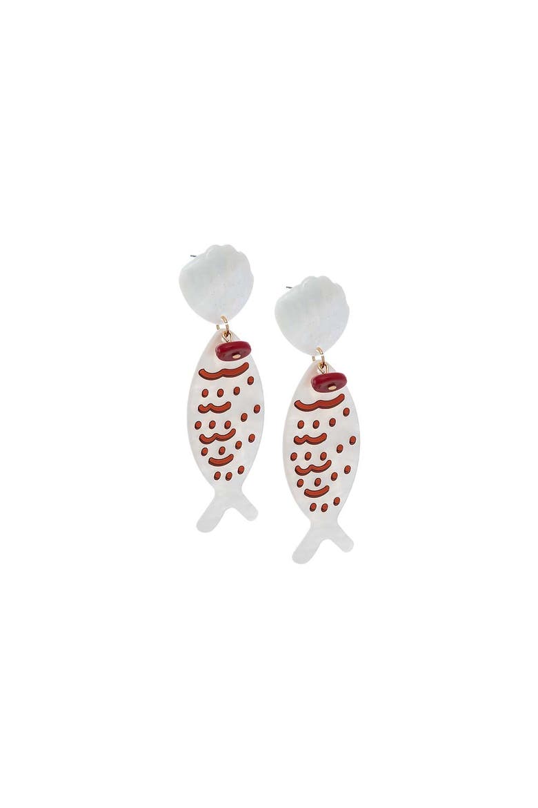 Shell Red Fish Drop Stud Earring, Main, color, Red