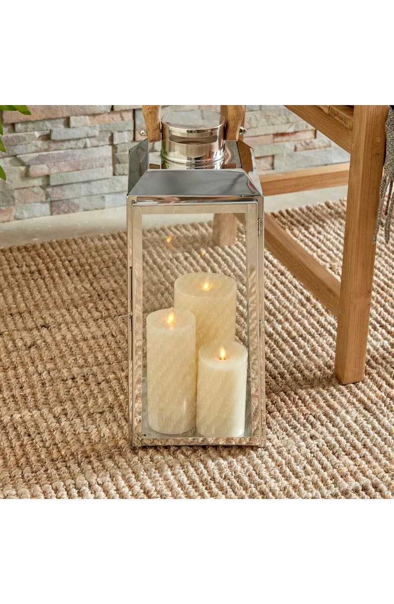 Napa Home & Garden 19" Oceanside Large Decorative Outdoor Chrome Finish Pillar Candle Lantern w/ Teakwood Handle, Alternate, color,