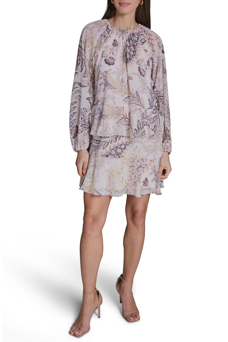 Paisley Long Sleeve Tiered Minidress, Main, color, ECRU/CITRON ZEST MULTI