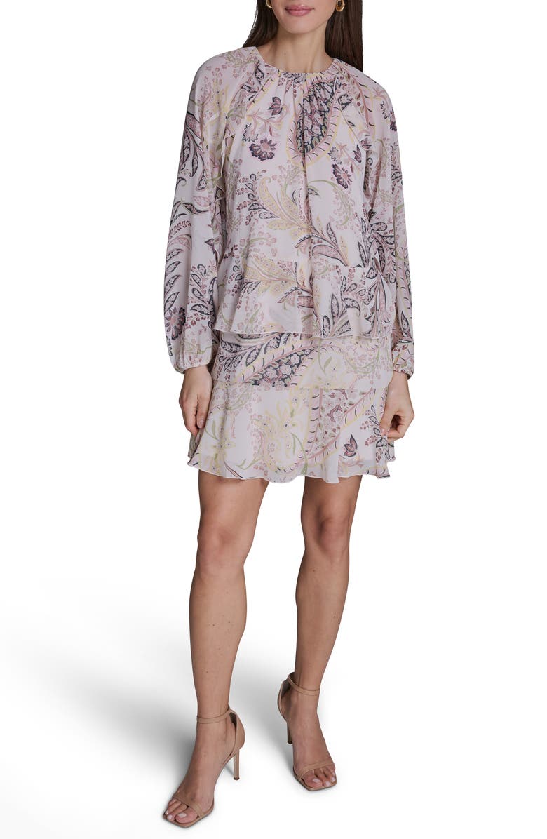 BCBG Paisley Long Sleeve Tiered Minidress, Main, color, 