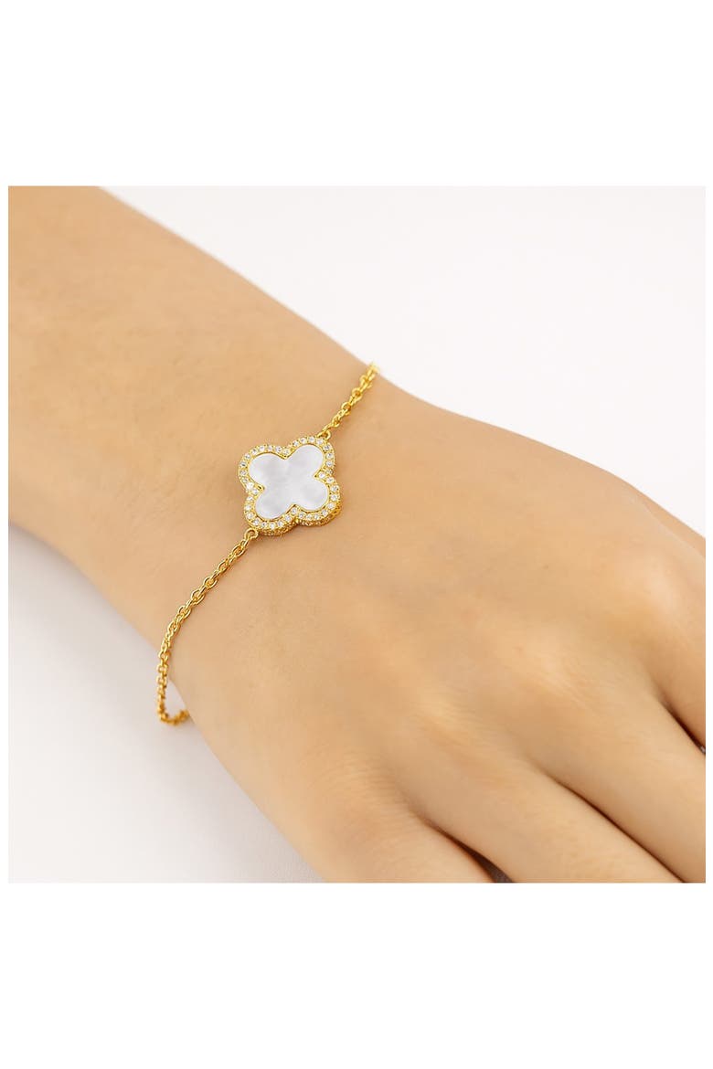 18K Gold Clad Pavé CZ Clover Charm Bracelet, Alternate, color, MOTHER OF PEARL / CZ
