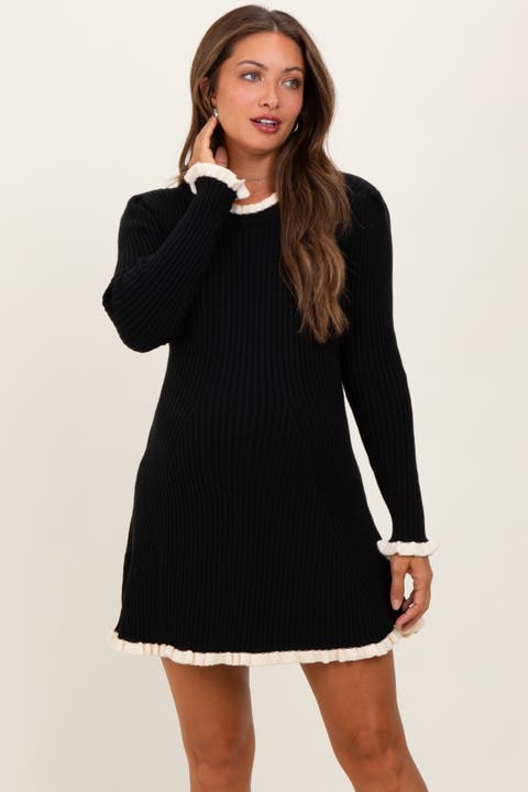 Ribbed Knit Contrast Ruffle Trim Mini Dress