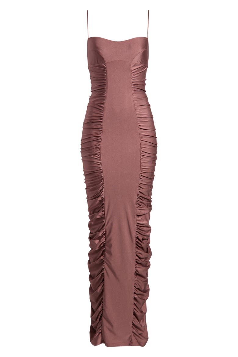 Amoria Stretch Satin Body-Con Gown, Alternate, color, DUSK