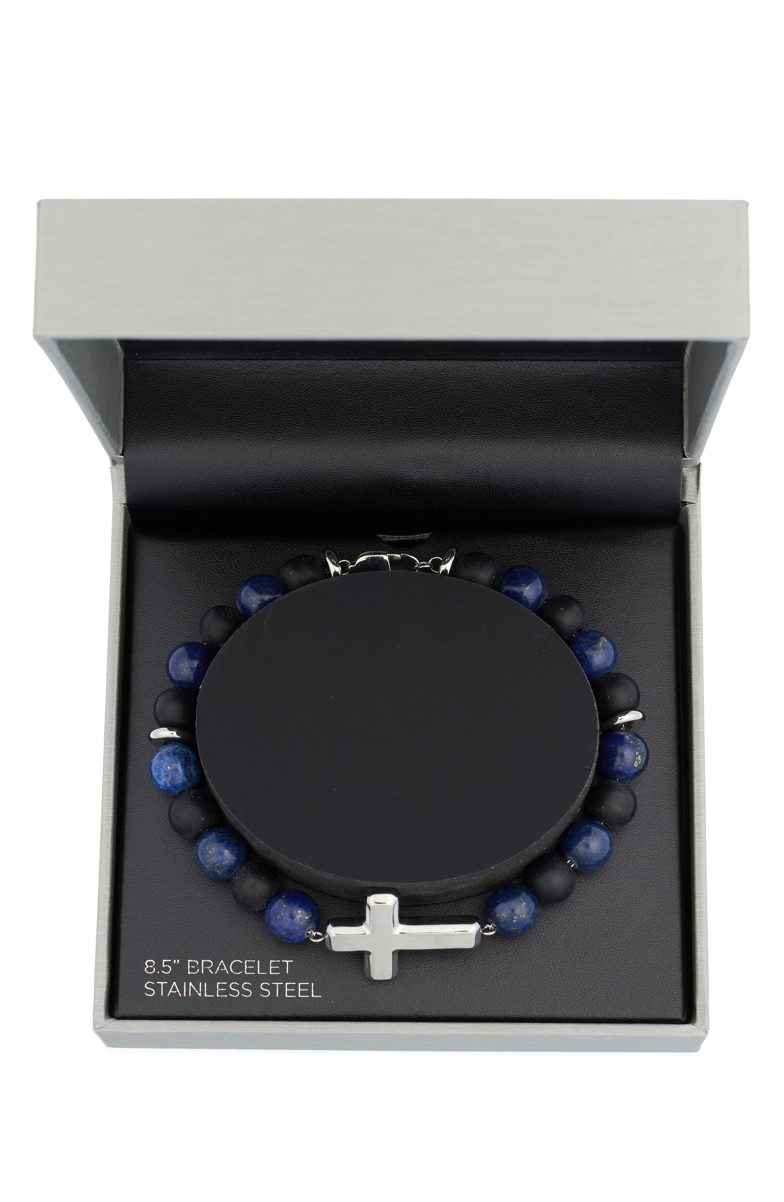 Kipping Rocks AMERICAN EXCHANGE Men's Stainless Steel Stone Beaded Cross Bracelet ...