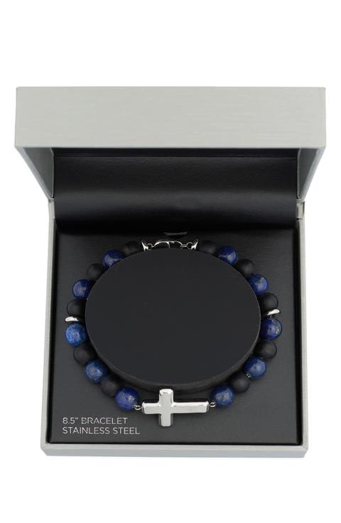 Men's Stainless Steel Stone Beaded Cross Bracelet