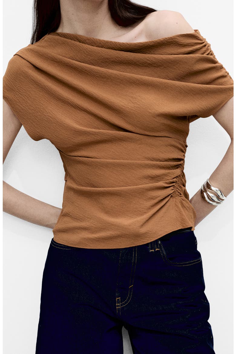 Asymmetric Off the Shoulder Ruched Top, Main, color, DARK BROWN