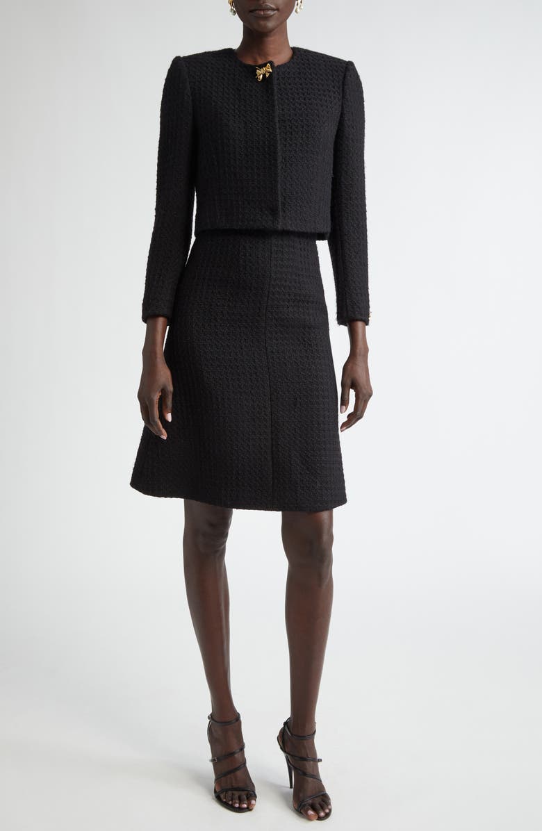 Oscar de la Renta Bow Detail Wool Tweed Crop Jacket, Alternate, color, Black