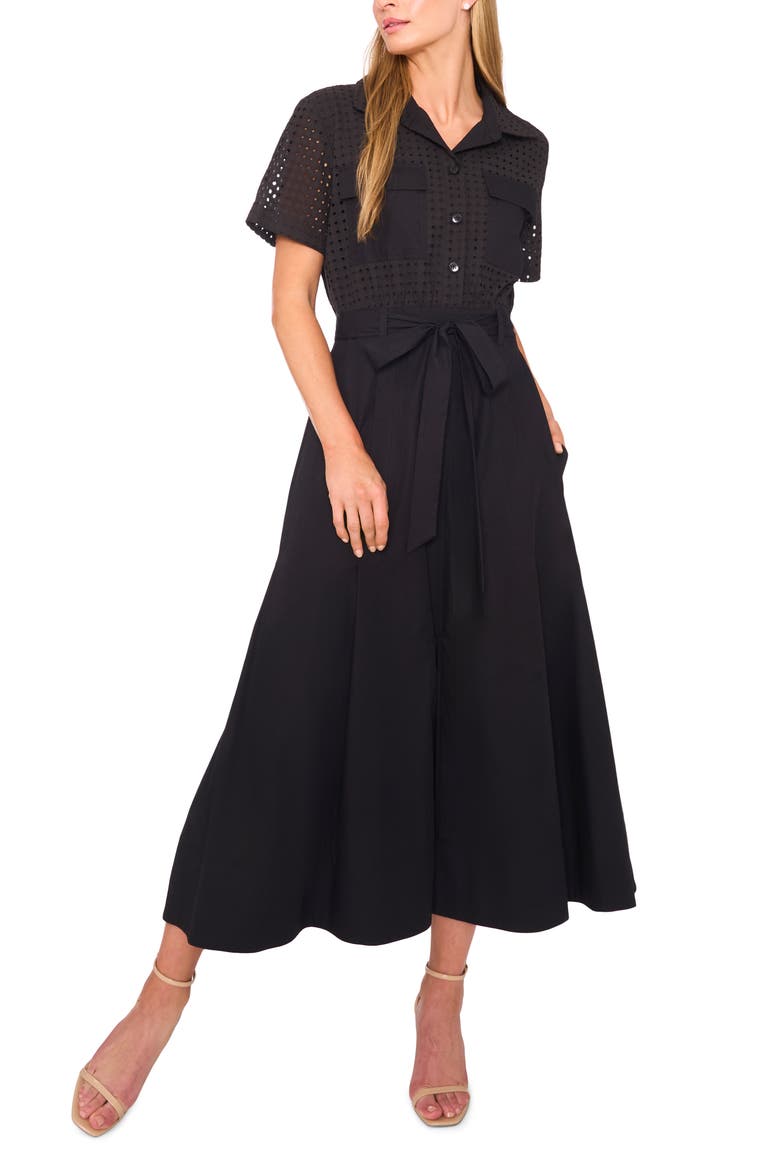 Eyelet Embroidery Midi Shirtdress, Main, color, RICH BLACK