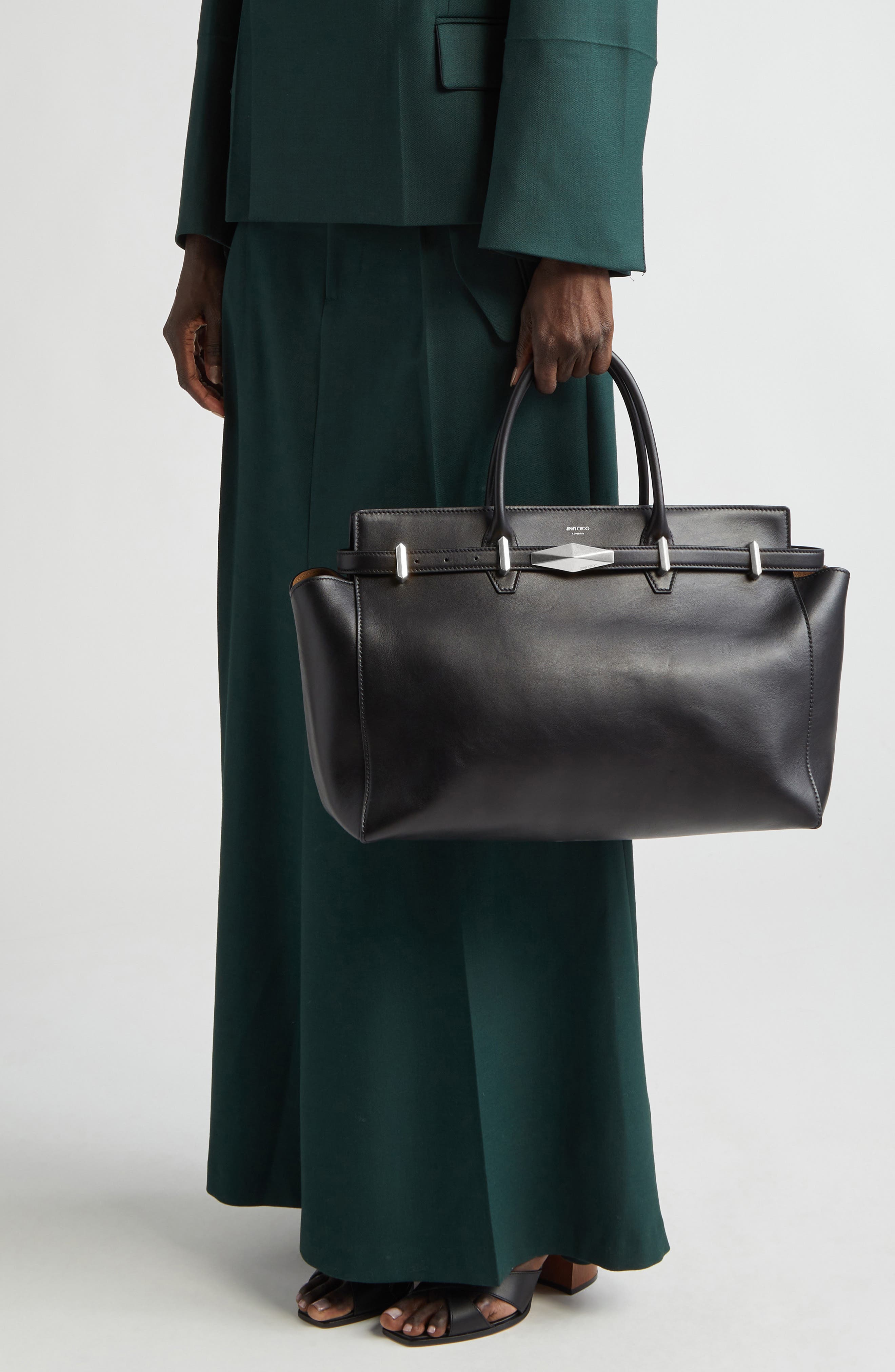 Jimmy Choo Medium Diamond Leather Belted Tote, Alternate, color, Black/ Antique Silver