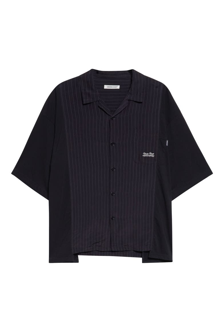 Mixed Media Pinstripe Short Sleeve Button-Up Shirt, Alternate, color, NAVY STRIPE