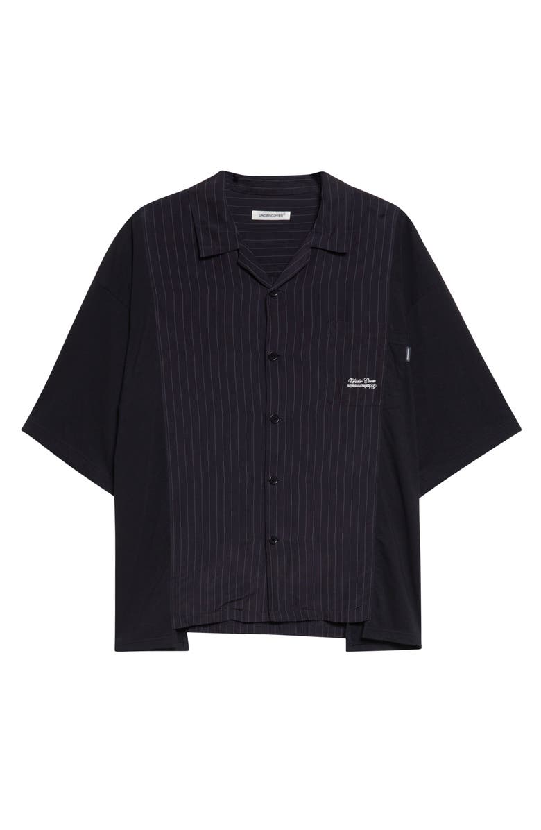 Undercover Mixed Media Pinstripe Short Sleeve Button-Up Shirt, Main, color, Navy Stripe