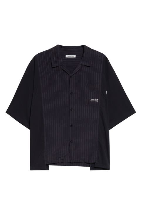 Mixed Media Pinstripe Short Sleeve Button-Up Shirt