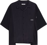 Undercover Mixed Media Pinstripe Short Sleeve Button-Up Shirt