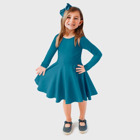Girls Soft Jersey 100% Cotton Long Sleeve Skater Twirly Dress (Toddler/Kids)