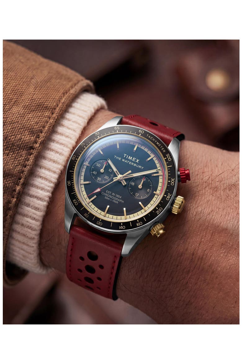 Waterbury Heritage Chronograph Leather Strap Watch, 39mm, Alternate, color, RED