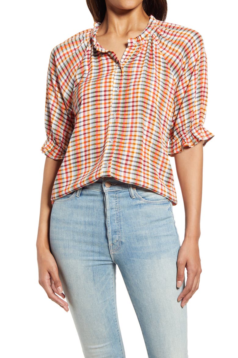 Print Button Front Blouse, Main, color, MULTI GINGHAM