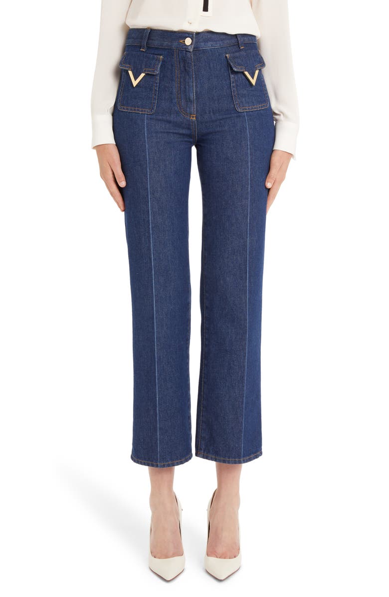 Valentino V-Detail Straight Crop Jeans, Main, color, 