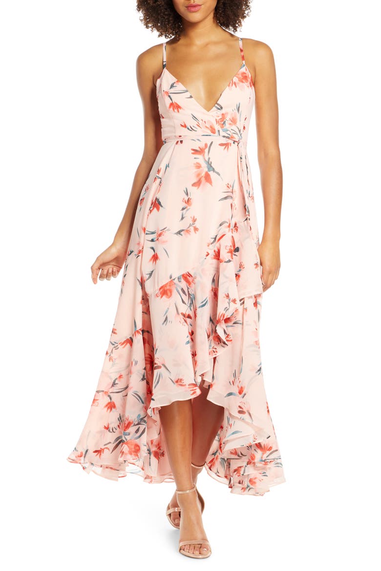 The Rosalia High/Low Wrap Dress, Main, color, PAINTED FLORAL TANGERINE