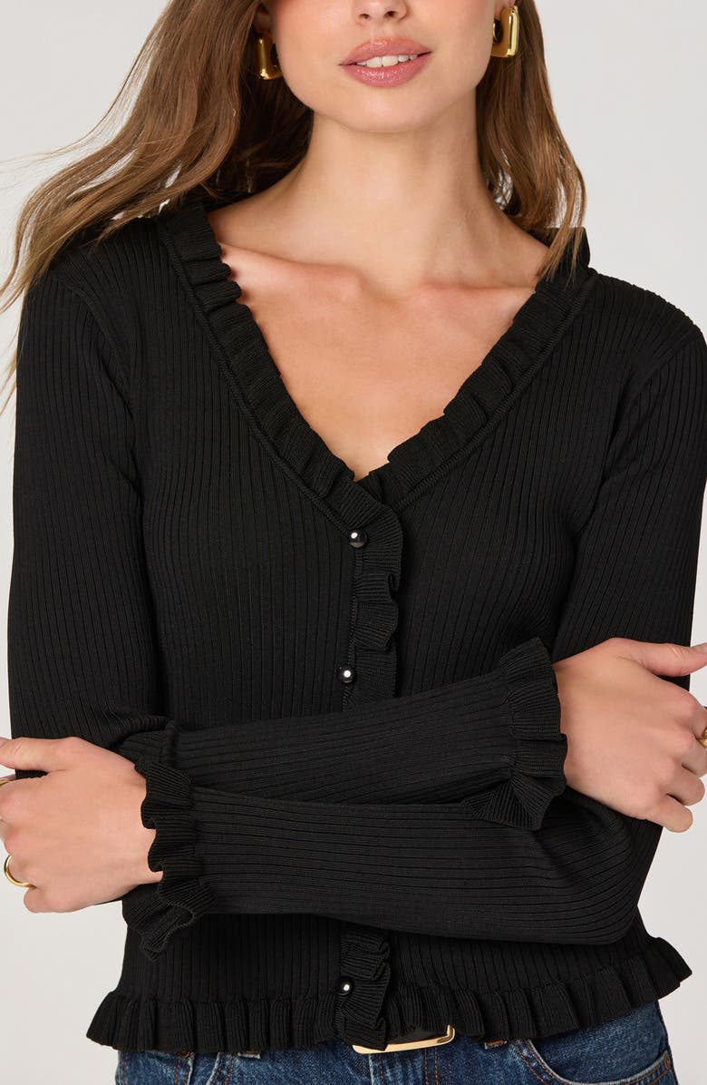 ASTR the Label Ruffle Hem Button-Up Cardigan, Alternate, color, Black