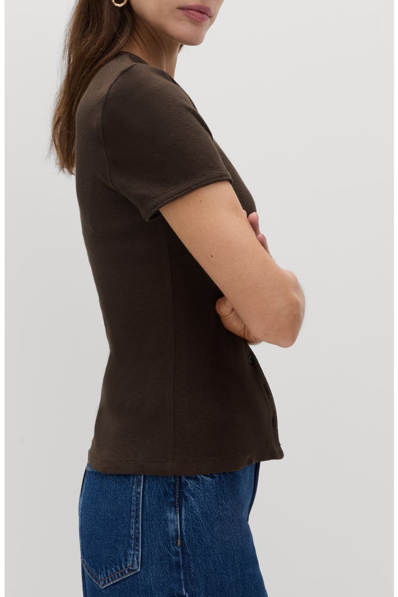 Rib Short Sleeve Button-Up Top, Alternate, color, DARK MOLE BROWN