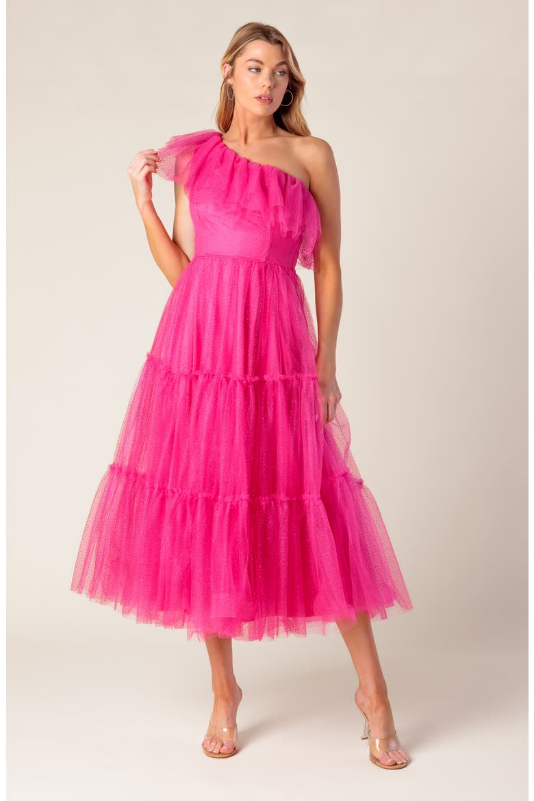 One-Shoulder Tulle Midi Dress, Alternate, color, FUCHSIA