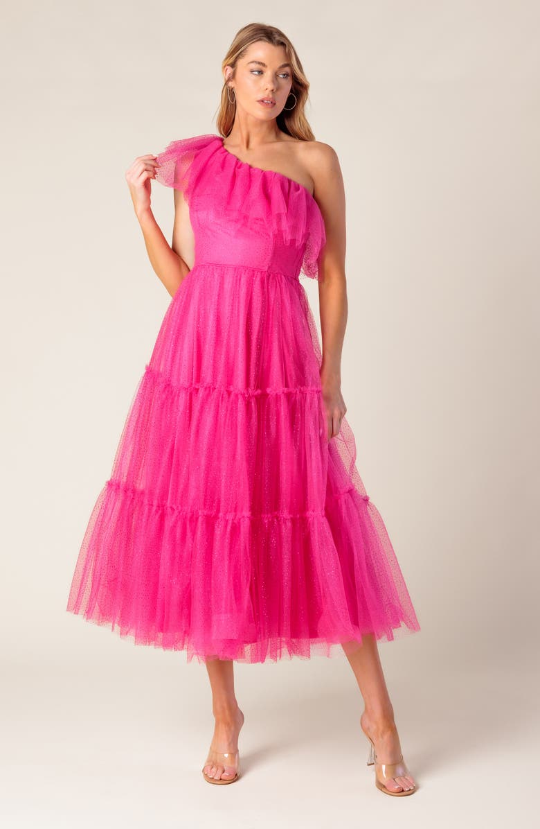 FLYING TOMATO One-Shoulder Tulle Midi Dress, Alternate, color, Fuchsia