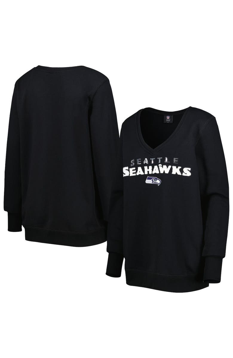 CUCE Women's Cuce Black Seattle Seahawks Sequin Logo V-Neck Pullover Sweatshirt, Main, color,