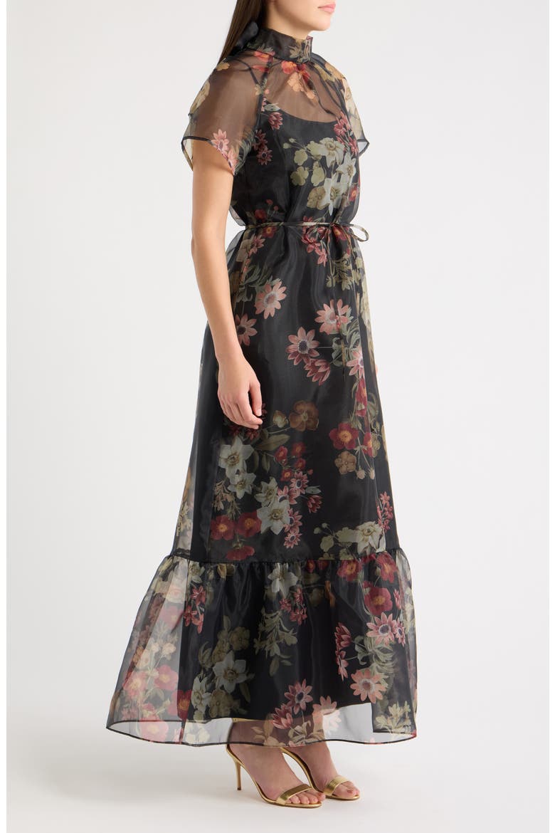 Print Tie Waist Organza Gown, Alternate, color, BLACK MULTI