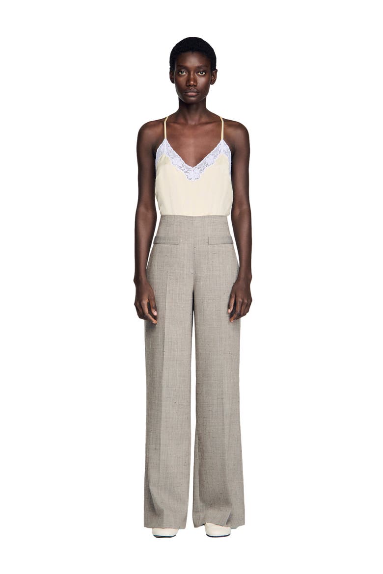Wide-leg check wool trousers, Alternate, color, Greige