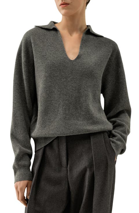 Women's Ribbed Cashmere Polo Sweater