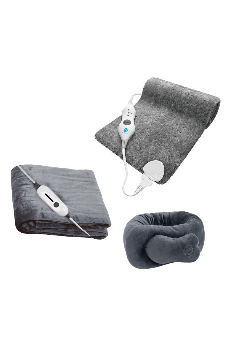PURSONIC Total Warmth & Comfort Bundle - Includes Electric Soft Microplush Heated Blanket Throw, Pursonic Electric Heating Pad & Portable Neck & Shoulder Massaging Wrap, Main, color, Grey