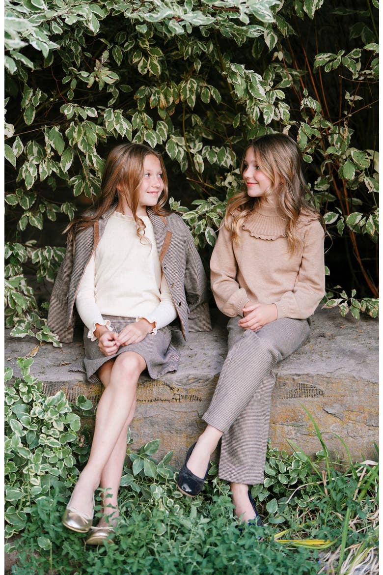 Kids' Organic Long Sleeve Mock Neck Sweater with Ruffle, Alternate, color, Camel Heather